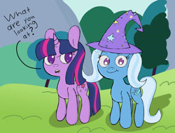 Size: 2358x1806 | Tagged: safe, artist:botckap, imported from derpibooru, trixie, twilight sparkle, pony, unicorn, breaking the fourth wall, duo, female, hat, looking at you, simple background, text, unicorn twilight