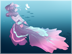 Size: 1024x768 | Tagged: safe, artist:ethmoids, imported from derpibooru, oc, oc only, fish, merpony, blue background, blushing, bubble, crepuscular rays, dorsal fin, female, fins, fish tail, flowing mane, flowing tail, mare, mermaid tail, ocean, simple background, smiling, solo, sunlight, swimming, tail, underwater, water