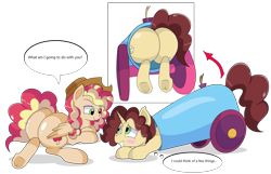 Size: 8700x5600 | Tagged: safe, artist:rainbowtashie, imported from derpibooru, oc, oc only, oc:king calm merriment, oc:queen motherly morning, alicorn, pony, alicorn oc, alicorn princess, blushing, butt, commissioner:bigonionbean, cowboy hat, cute, dialogue, female, flank, fusion, fusion:applejack, fusion:cheese sandwich, fusion:donut joe, fusion:fancypants, fusion:pinkie pie, fusion:rainbow dash, fusion:soarin', fusion:sunset shimmer, hat, high res, horn, huge butt, large butt, male, mare, party cannon, plot, romantic, royalty, simple background, stallion, stetson, the ass was fat, transparent background, wings, writer:bigonionbean