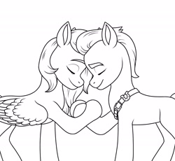 Size: 2049x1888 | Tagged: safe, artist:dancingkinfiend, imported from derpibooru, sprout cloverleaf, oc, alicorn, earth pony, pony, belt, black and white, eyes closed, female, g5, grayscale, half body, happy, hug, in love, lidded eyes, lifted leg, lineart, love, male, mare, monochrome, my little pony: a new generation, raised hoof, shipping, simple background, sketch, smiling, stallion, straight, wings