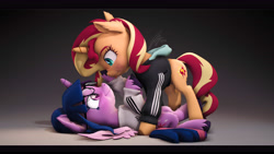 Size: 9600x5400 | Tagged: safe, artist:imafutureguitarhero, imported from derpibooru, sci-twi, sunset shimmer, twilight sparkle, alicorn, pony, unicorn, art pack:hearts and lewds, 3d, :p, absurd resolution, adidas, black bars, blushing, cheek fluff, chromatic aberration, clothes, colored eyebrows, colored eyelashes, cute, daaaaaaaaaaaw, dock, dork, duo, ear fluff, female, film grain, fluffy, freckles, fur, glasses, hoodie, hoof fluff, horn, jacket, leg fluff, lesbian, looking at each other, looking at someone, mare, multicolored hair, multicolored tail, neck fluff, peppered bacon, pinned, pinned down, revamped ponies, scitwilicorn, scitwishimmer, shimmerbetes, shipping, signature, smiling, smiling at each other, source filmmaker, sunsetsparkle, tail, tongue out, twiabetes, twilight sparkle (alicorn), unshorn fetlocks, wall of tags, wings