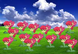 Size: 1077x751 | Tagged: safe, editor:gildor, imported from derpibooru, apple bloom, original species, plant pony, pony, pony town, flower, multeity, plant, pun, scenery, species swap, visual pun