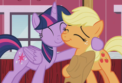 Size: 757x519 | Tagged: safe, imported from derpibooru, screencap, applejack, twilight sparkle, alicorn, earth pony, pony, harvesting memories, spoiler:harvesting memories, spoiler:mlp friendship is forever, cheek to cheek, cropped, cute, daaaaaaaaaaaw, duo, eyes closed, female, hug, jackabetes, mare, smiling, twiabetes, twilight sparkle (alicorn)