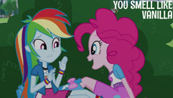 Size: 1280x720 | Tagged: safe, edit, edited screencap, editor:quoterific, imported from derpibooru, screencap, pinkie pie, rainbow dash, equestria girls, friendship games, pinkie spy (short), boots, clothes, cute, cutie mark on clothes, diapinkes, duo, duo female, female, open mouth, open smile, shoes, smell, smiling