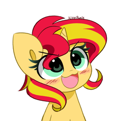 Size: 3664x3510 | Tagged: safe, artist:kittyrosie, imported from derpibooru, sunset shimmer, pony, unicorn, :3, cute, cute little fangs, fangs, ohayou face, open mouth, shimmerbetes, simple background, solo, white background