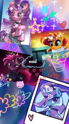 Size: 1044x1856 | Tagged: safe, artist:decokenite, edit, imported from derpibooru, screencap, fizzlepop berrytwist, starlight glimmer, sunset shimmer, tempest shadow, trixie, pony, unicorn, book:friendship scrapbook, cropped, designs, edit screencap, female, mare, photo, reformed unicorn group, scrapbook