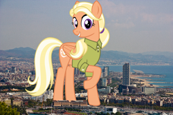 Size: 2200x1467 | Tagged: safe, artist:cheezedoodle96, artist:thegiantponyfan, edit, imported from derpibooru, mane allgood, pegasus, pony, barcelona, female, giant pegasus, giant pony, giantess, highrise ponies, irl, looking at you, macro, mare, mega giant, photo, ponies in real life, raised hoof, smiling, spain