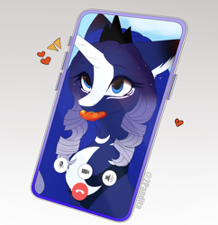 Size: 2032x2100 | Tagged: safe, alternate version, artist:2pandita, imported from derpibooru, princess luna, pony, alternate character, alternate design, cellphone, high res, mouth hold, phone, smartphone, solo