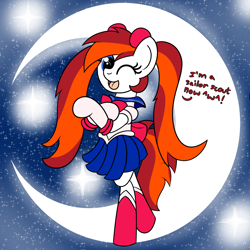 Size: 2000x2000 | Tagged: safe, artist:dafiltafish, imported from derpibooru, oc, oc only, oc:silverfoot, pony, bipedal, bow, crossover, high res, joke art, moon, pigtails, pose, sailor moon, sailor scout, solo, text, twintails