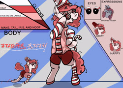 Size: 2100x1500 | Tagged: safe, artist:hemlock conium, imported from derpibooru, oc, oc only, oc:sugar rush, earth pony, candy, candy cane, clothed ponies, clothes, earth pony oc, female, food, mare, reference sheet, socks, solo, striped socks