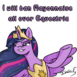 Size: 2385x2385 | Tagged: safe, artist:memprices, imported from derpibooru, twilight sparkle, alicorn, pony, comic:metamorphosis, the last problem, crown, food, g4, g5, high res, jewelry, mayonnaise, meme, my little pony: a new generation, older, older twilight, peytral, princess twilight 2.0, pure unfiltered evil, regalia, sauce, simple background, twilight sparkle (alicorn), white background