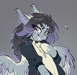 Size: 2826x2766 | Tagged: safe, artist:rico_chan, imported from derpibooru, oc, oc only, oc:adam paine, bat pony, pegasus, semi-anthro, clothes, cross, cross necklace, fangs, high res, jewelry, necklace, piercing, shirt, sketch, smiling, solo