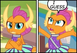 Size: 671x462 | Tagged: safe, edit, edited screencap, imported from derpibooru, screencap, smolder, dragon, 2 4 6 greaaat, cheerleader, cheerleader outfit, cheerleader smolder, clothes, crossed arms, frown, gunshow, i guess, meme, ponified meme, reaction image, solo, speech bubble