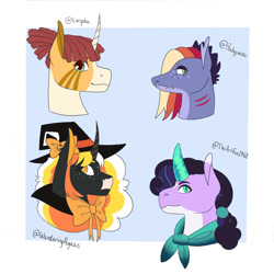 Size: 1280x1280 | Tagged: safe, artist:melonboi13, imported from derpibooru, oc, oc only, oc:clarabelle, oc:ignatius spark, oc:pumpkin brew, oc:scroll flame, dracony, hybrid, pony, unicorn, zony, adopted offspring, bust, female, interspecies offspring, magical lesbian spawn, male, mare, offspring, parent:princess luna, parent:rarity, parent:spike, parent:sweetie belle, parent:twilight sparkle, parents:sparity, parents:twiluna