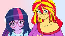 Size: 1382x765 | Tagged: safe, artist:batipin, imported from derpibooru, sunset shimmer, twilight sparkle, equestria girls, breasts, busty sunset shimmer, clothes, duo, duo female, female, glasses, off shoulder