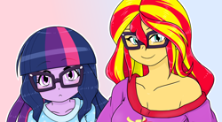 Size: 1382x765 | Tagged: safe, alternate version, artist:batipin, imported from derpibooru, sunset shimmer, twilight sparkle, equestria girls, breasts, busty sunset shimmer, clothes, duo, duo female, female, glasses, off shoulder