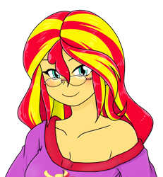 Size: 813x879 | Tagged: safe, alternate version, artist:batipin, imported from derpibooru, part of a set, sunset shimmer, equestria girls, breasts, cleavage, female, glasses, simple background, solo, transparent background