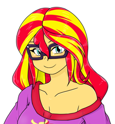 Size: 813x879 | Tagged: safe, alternate version, artist:batipin, imported from derpibooru, part of a set, sunset shimmer, equestria girls, breasts, cleavage, clothes, female, glasses, horn-rimmed glasses, looking at you, off shoulder, simple background, solo, transparent background