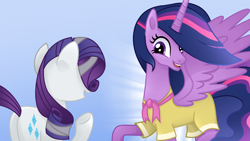 Size: 1920x1080 | Tagged: safe, artist:sallyso, imported from derpibooru, rarity, twilight sparkle, alicorn, pony, unicorn, the last problem, birthday dress, clothes, dress, duo, eyelashes, female, mare, older, older rarity, older twilight, party dress, princess twilight 2.0, raised hoof, skunk stripe, smiling, twilight sparkle (alicorn), underhoof, wing hole