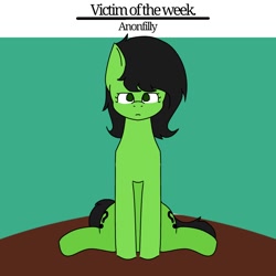 Size: 1280x1280 | Tagged: safe, artist:v1rn0, imported from derpibooru, oc, oc only, oc:filly anon, earth pony, pony, black hair, black mane, digital art, earth pony oc, female, filly, foal, green eyes, green pony, hooves, looking at you, neutral, photo, pony enjoyment project, question mark, simple background, sitting, solo, stare, text