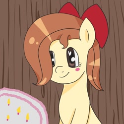 Size: 1000x1000 | Tagged: safe, artist:wrath-marionphauna, imported from derpibooru, oc, oc only, oc:flani bainilye, pony, birthday cake, blushing, bow, cake, food, hair bow, heart eyes, solo, wingding eyes