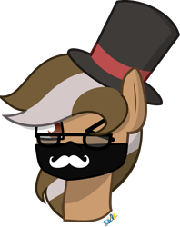 Size: 877x1108 | Tagged: safe, artist:samsailz, imported from derpibooru, oc, oc only, pegasus, pony, bust, commission, cute, facial hair, glasses, hat, looking at you, male, mask, moustache, oc name needed, one eye closed, pegasus oc, portrait, professor layton, signature, simple background, solo, stallion, top hat, transparent background, two toned mane, wink, ych result, your character here