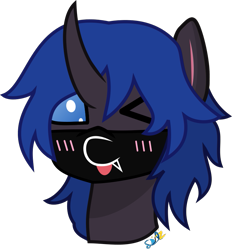 Size: 777x837 | Tagged: safe, artist:samsailz, imported from derpibooru, oc, oc only, oc:swift dawn, changeling, pony, :p, blue changeling, bust, commission, cute, looking at you, mask, one eye closed, portrait, simple background, solo, tongue out, transparent background, wink, ych result, your character here