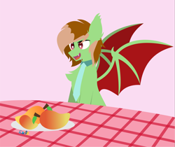 Size: 3815x3208 | Tagged: safe, artist:samsailz, imported from derpibooru, oc, oc only, oc:darec, bat pony, bat pony oc, bat wings, fangs, food, happy, heart eyes, herbivore, high res, mango, necktie, solo, spread wings, wingding eyes, wings