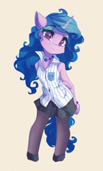 Size: 620x1024 | Tagged: safe, artist:saxopi, imported from derpibooru, izzy moonbow, pony, semi-anthro, unicorn, beige background, bracelet, clothes, colored pupils, curly hair, curly mane, curly tail, cute, cutie mark on clothes, eyebrows, eyebrows visible through hair, eyelashes, female, g5, hoof shoes, hooves behind back, horn, izzy moonbow's cutie mark, jewelry, looking at you, my little pony: a new generation, necklace, pantyhose, pocket, shirt, simple background, skirt, smiling, smiling at you, solo, tail