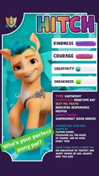 Size: 640x1138 | Tagged: safe, imported from derpibooru, hitch trailblazer, earth pony, pony, cutie mark, g5, grin, instagram, instagram story, male, my little pony: a new generation, official, smiling, solo, stallion, stats