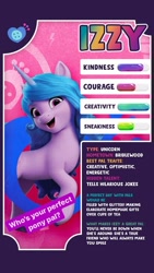 Size: 640x1138 | Tagged: safe, imported from derpibooru, izzy moonbow, pony, unicorn, cutie mark, female, g5, instagram, instagram story, mare, my little pony: a new generation, official, open mouth, open smile, smiling, solo, stats