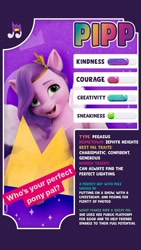 Size: 640x1138 | Tagged: safe, imported from derpibooru, pipp petals, pegasus, pony, cutie mark, female, g5, instagram, instagram story, mare, my little pony: a new generation, official, open mouth, open smile, smiling, solo, spread wings, stats, wings