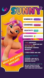 Size: 640x1138 | Tagged: safe, imported from derpibooru, sunny starscout, earth pony, pony, cutie mark, female, g5, instagram, instagram story, mane stripe sunny, mare, my little pony: a new generation, official, open mouth, open smile, smiling, solo, stats