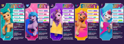 Size: 5400x1920 | Tagged: safe, imported from derpibooru, hitch trailblazer, izzy moonbow, pipp petals, sunny starscout, zipp storm, earth pony, pegasus, pony, unicorn, female, g5, male, mane five (g5), mane stripe sunny, mare, my little pony: a new generation, official, stallion, stats