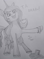 Size: 3000x4000 | Tagged: safe, artist:galaxymike, imported from derpibooru, izzy moonbow, pony, unicorn, spoiler:g5, spoiler:my little pony: a new generation, beans, can, food, g5, izzy's beans, my little pony: a new generation, solo, ta-da!, traditional art