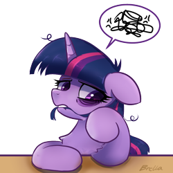 Size: 1000x1000 | Tagged: safe, artist:brella, imported from derpibooru, twilight sparkle, pony, bags under eyes, female, floppy ears, horn, mane bite, mare, messy mane, signature, simple background, solo, speech bubble, tired, transparent background