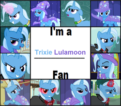 Size: 1194x1044 | Tagged: safe, artist:thegreatguy2000, imported from derpibooru, trixie, pony, unicorn, cape, clothes, ears back, female, glowing, glowing horn, grin, hat, horn, lidded eyes, mare, meme, open mouth, open smile, smiling, text, trixie's cape, trixie's hat