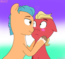 Size: 1280x1165 | Tagged: safe, artist:amykat214, imported from derpibooru, hitch trailblazer, sprout cloverleaf, earth pony, pony, about to kiss, blushing, date, duo, duo male, g5, gay, hitchsprout, hooves on cheeks, looking at each other, looking at someone, male, maledom, malesub, my little pony: a new generation, ponydom, ponysub, shipping, signature, simple background, stallion, stallion on stallion, submissive