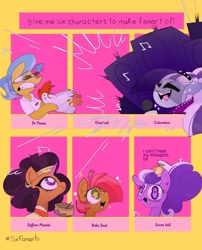 Size: 1200x1488 | Tagged: safe, artist:opossum-stuff, imported from derpibooru, babs seed, coloratura, doctor fauna, elizabeak, saffron masala, screwball, bird, chicken, earth pony, unicorn, six fanarts, adorababs, bowl, countess coloratura, crazy eyes, cringing, cute, ear piercing, earring, eating, excited, freckles, hat, jewelry, loud, microphone, piercing, propeller hat, singing, speaker, starry eyes, wingding eyes