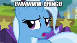 Size: 1280x720 | Tagged: safe, edit, edited screencap, imported from derpibooru, screencap, trixie, pony, unicorn, no second prances, season 6, caption, cringing, female, image macro, imgflip, mare, open mouth, outdoors, text