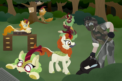 Size: 3000x2000 | Tagged: safe, artist:mcshelster, imported from derpibooru, autumn afternoon, autumn blaze, cinder glow, fern flare, spring glow, summer flare, human, kirin, fanfic:questionable ethics, adrian shephard, briefcase, cellphone, forest, gas mask, h.e.c.u., half-life, half-life: opposing force, high res, mask, outdoors, phone, table, trash bag