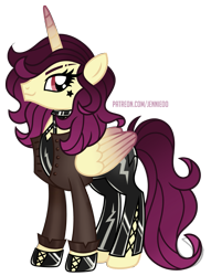 Size: 915x1200 | Tagged: safe, artist:jennieoo, imported from derpibooru, oc, oc only, oc:kennedy fletcher, alicorn, pony, alicorn oc, clothes, colored wings, female, folded wings, full body, gradient wings, horn, jacket, latex, latex boots, latex suit, leather jacket, show accurate, simple background, solo, standing, stars, transparent background, vector, wings