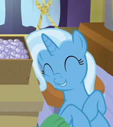 Size: 640x720 | Tagged: safe, imported from derpibooru, screencap, trixie, pony, unicorn, road to friendship, season 8, spoiler:s08, bed, cheek squish, cropped, cute, diatrixes, eyes closed, female, lying down, mare, smiling, solo, squishy cheeks
