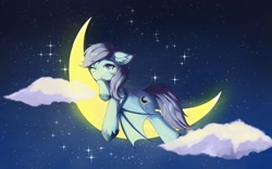 Size: 1920x1200 | Tagged: safe, artist:lunar froxy, imported from derpibooru, oc, oc only, oc:nightlight charm, bat pony, pony, cloud, crescent moon, looking at you, lying down, moon, one eye closed, smiling, solo, sparkles, tangible heavenly object, wink