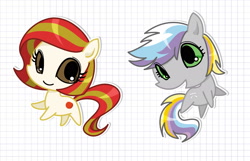 Size: 2000x1287 | Tagged: safe, alternate version, artist:sechst_himmel, imported from derpibooru, oc, oc only, oc:poniko, oc:rokuchan, earth pony, pony, 2014, chibi, duo, female, looking at you, mare