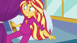 Size: 1920x1080 | Tagged: safe, edit, edited screencap, imported from derpibooru, screencap, sunset shimmer, equestria girls, belly, breasts, busty sunset shimmer, clothes, pajamas, pregnant, pregnant edit, pregnant equestria girls, solo, sunset preggers