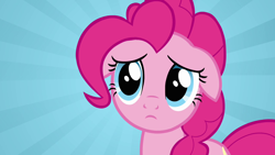 Size: 1280x720 | Tagged: safe, imported from derpibooru, screencap, pinkie pie, earth pony, pony, putting your hoof down, season 2, blue background, cute, diapinkes, female, floppy ears, mare, puppy dog eyes, reaction image, sad, sadorable, solo