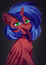 Size: 958x1346 | Tagged: safe, artist:zowzowo, imported from derpibooru, oc, oc only, oc:flameburst, alicorn, pony, chest fluff, commission, ear piercing, earring, forked tongue, jewelry, long tongue, piercing, solo, tongue out