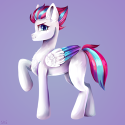 Size: 2600x2600 | Tagged: safe, artist:ske, imported from derpibooru, zipp storm, pegasus, pony, chest fluff, colored wings, ear fluff, female, folded wings, full body, g5, high res, hooves, mare, my little pony: a new generation, purple background, raised hoof, side view, signature, simple background, smiling, smirk, solo, standing, wings