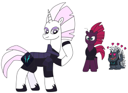 Size: 2805x2041 | Tagged: safe, artist:supahdonarudo, imported from derpibooru, fleur-de-lis, grubber, tempest shadow, hedgehog, pony, unicorn, series:fleurbuary, my little pony: the movie, ..., alternate hairstyle, armor, clothes swap, female, heart, heart eyes, high res, male, mane swap, mare, raised hoof, redraw, shocked, simple background, smiling, transparent background, trio, wingding eyes